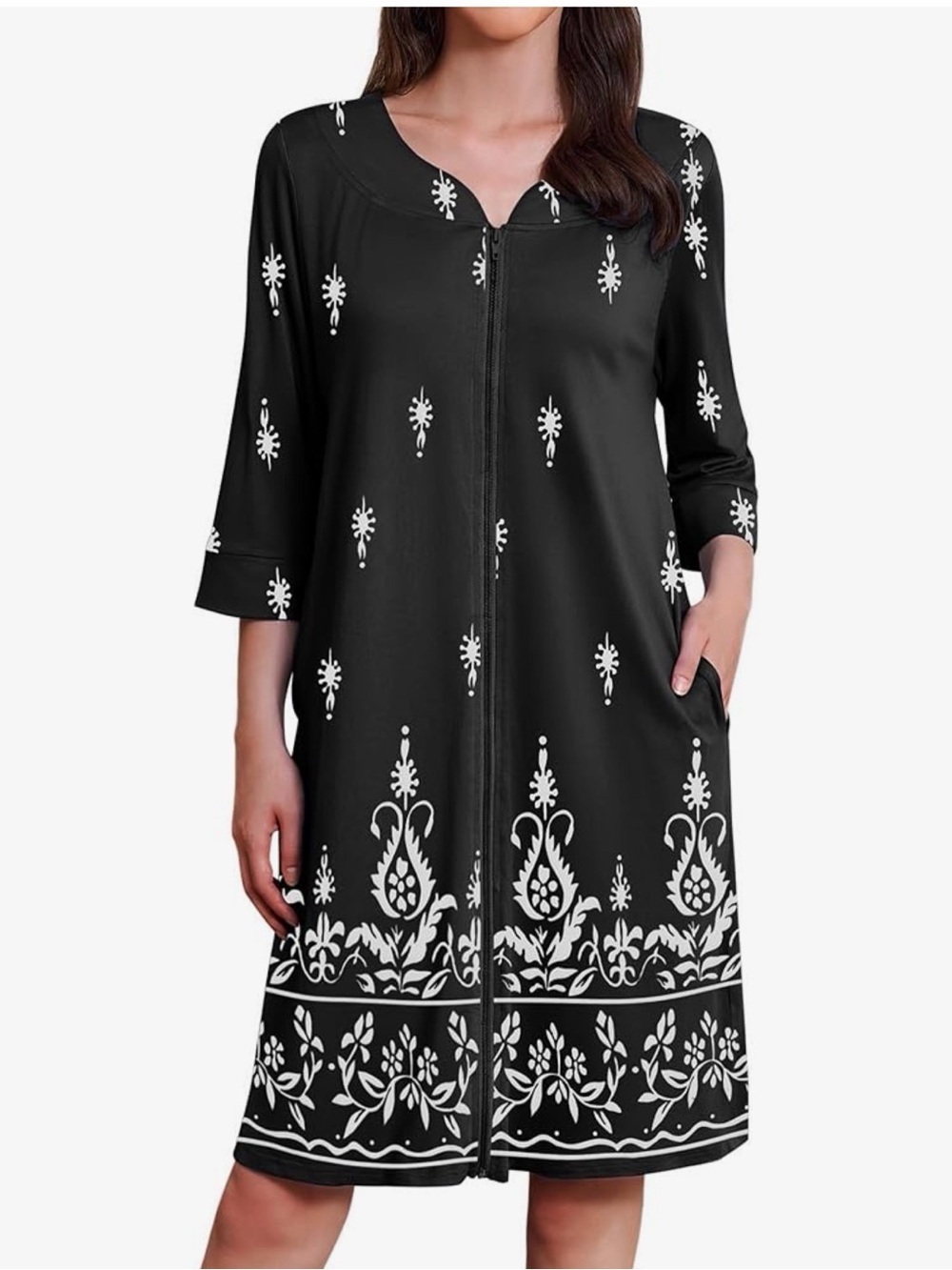 NWT Black Zip-Front Printed Robe Dress with White Floral Border Pajama, Medium